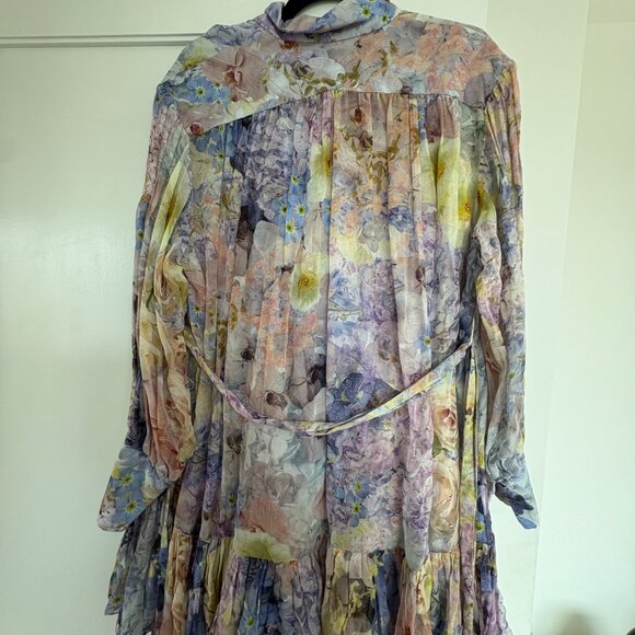 Zimmermann Mini Dress Sz 2 Multicolor Abstract Floral Print Belted Long Sleeve - Picture 4 of 9